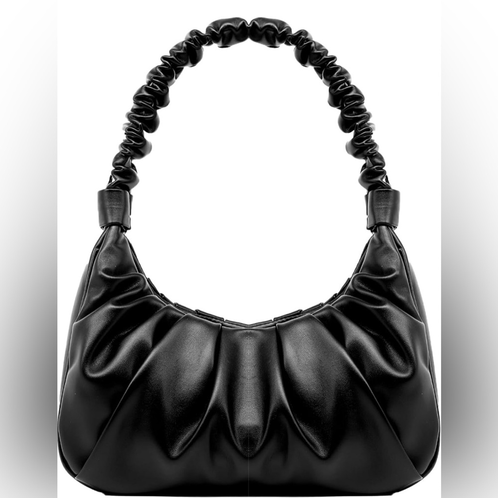 Ruched Black Faux Leather Shoulder Bag with Removable Long Shoulder Strap